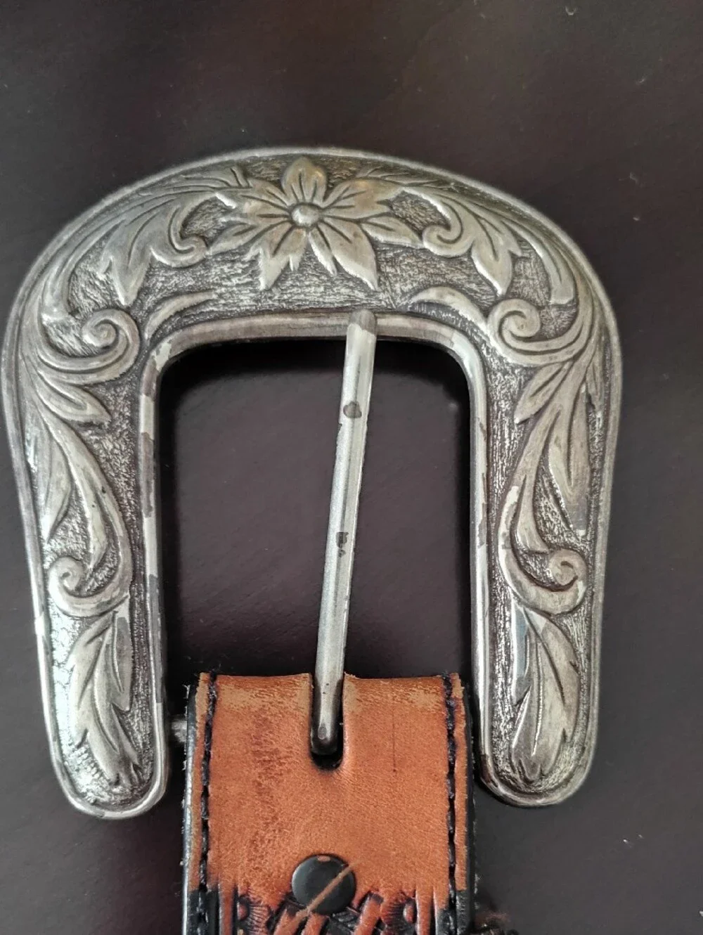 Men's Brown Tooled Leather Western Belt with Decorative Silver Buckle